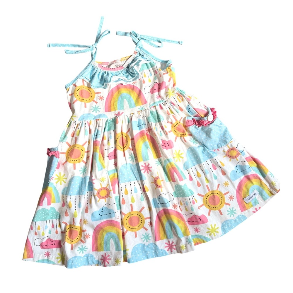 Merce + Me Girls Size 6 Rainbow Sun Cloud Print Tie Shoulder Ruffle Pocket Dress